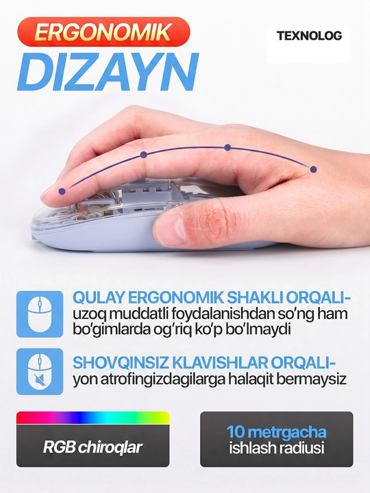 Simsiz kompyuter sichqonchachi, tovushsiz, RGB, Bluetooth