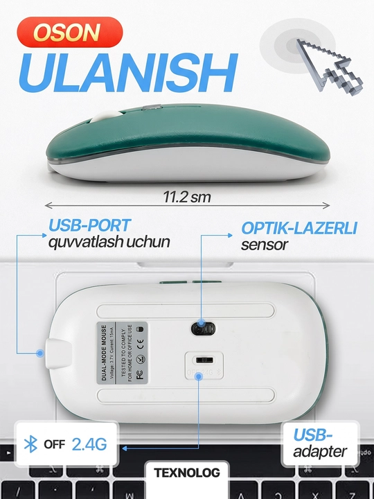 Simsiz kompyuter sichqonchachi, tovushsiz, RGB, Bluetooth