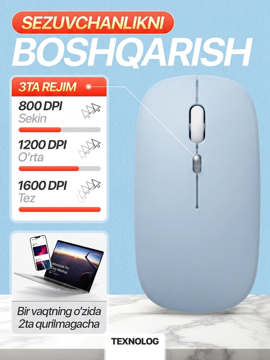 Simsiz kompyuter sichqonchachi, tovushsiz, RGB, Bluetooth