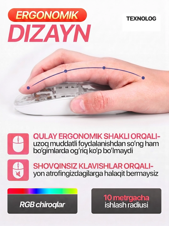 Simsiz kompyuter sichqonchachi, tovushsiz, RGB, Bluetooth
