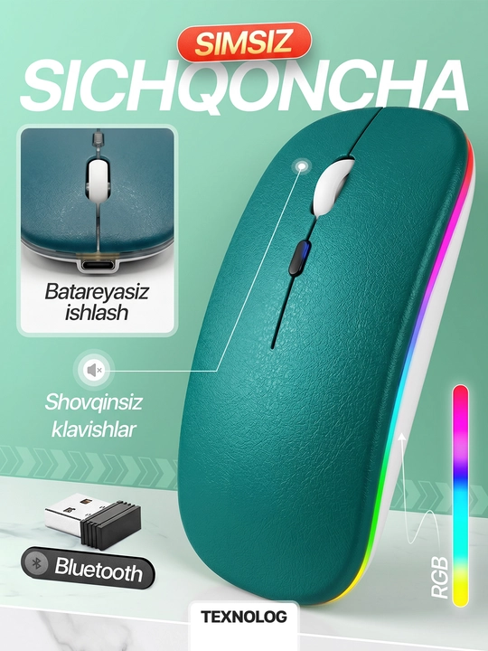 Simsiz kompyuter sichqonchachi, tovushsiz, RGB, Bluetooth