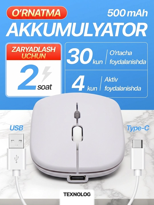 Simsiz kompyuter sichqonchachi, tovushsiz, RGB, Bluetooth