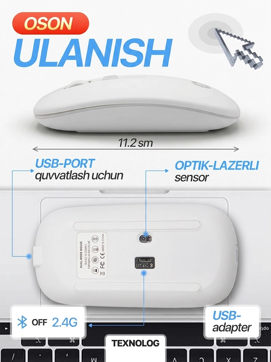 Simsiz kompyuter sichqonchachi, tovushsiz, RGB, Bluetooth