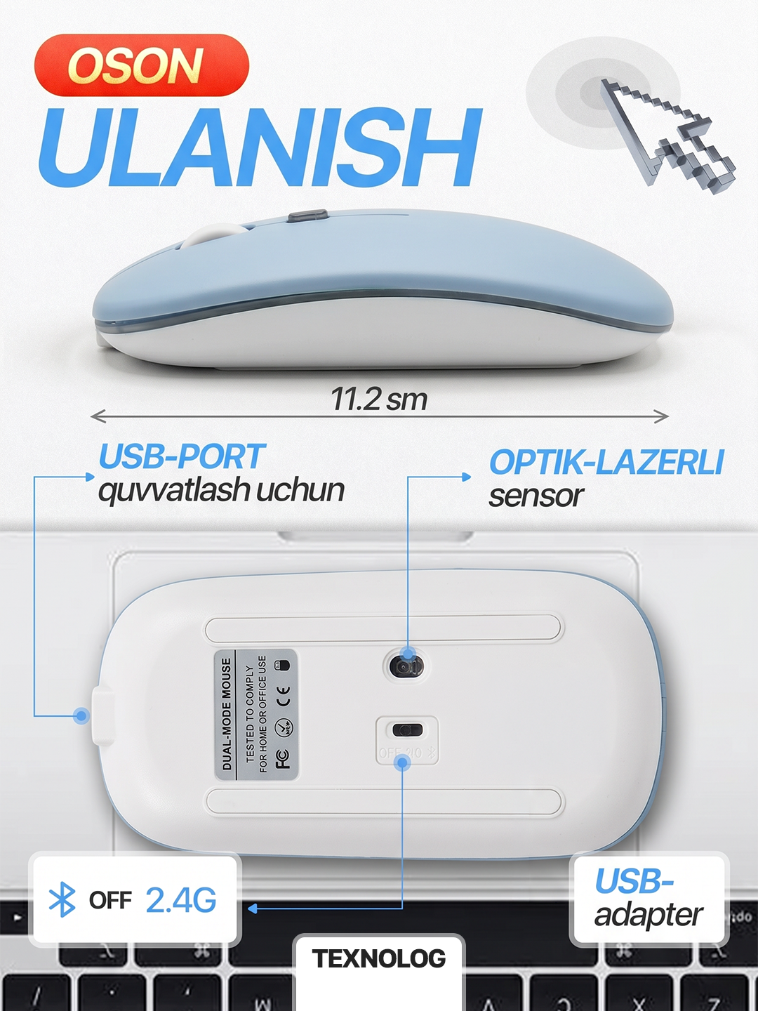 Simsiz kompyuter sichqonchachi, tovushsiz, RGB, Bluetooth