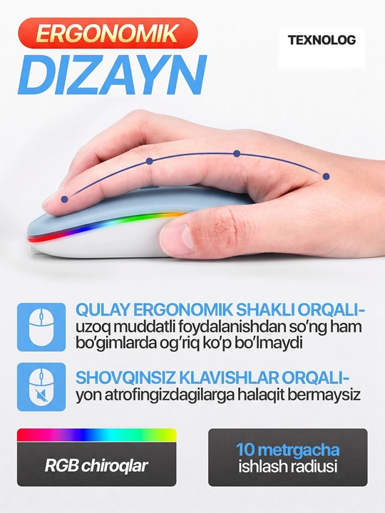 Simsiz kompyuter sichqonchachi, tovushsiz, RGB, Bluetooth