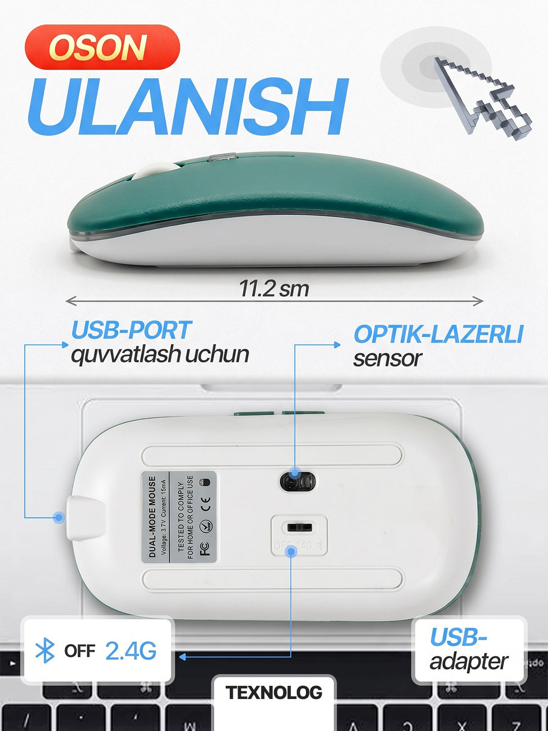 Simsiz kompyuter sichqonchachi, tovushsiz, RGB, Bluetooth