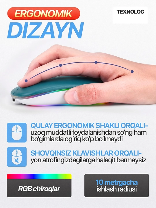 Simsiz kompyuter sichqonchachi, tovushsiz, RGB, Bluetooth