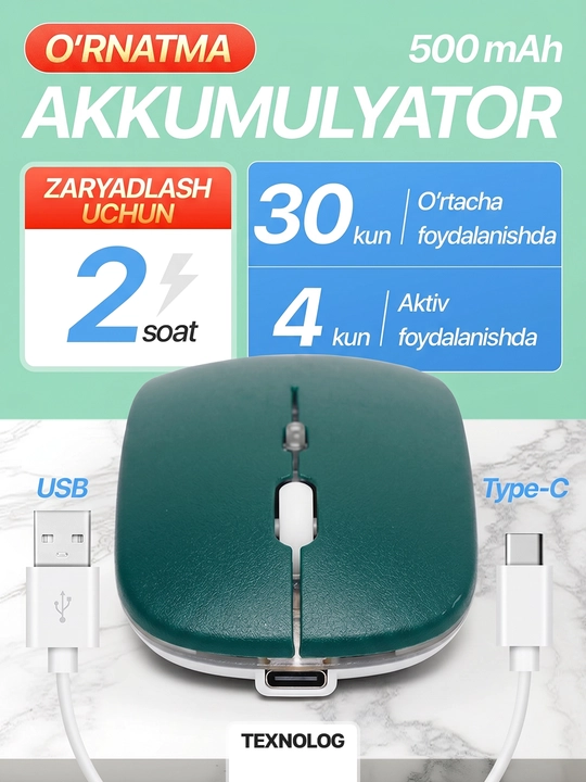 Simsiz kompyuter sichqonchachi, tovushsiz, RGB, Bluetooth