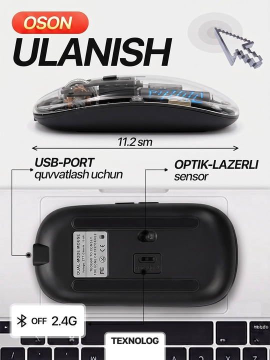 Simsiz kompyuter sichqonchachi, tovushsiz, RGB, Bluetooth