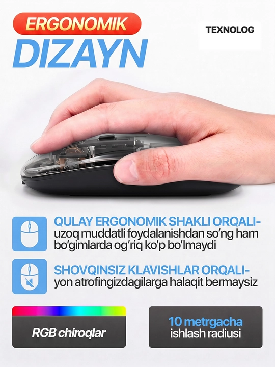 Simsiz kompyuter sichqonchachi, tovushsiz, RGB, Bluetooth