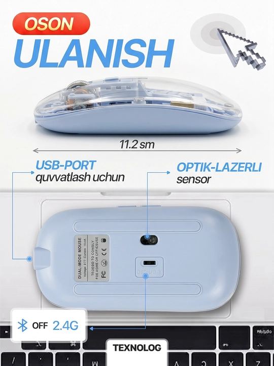 Simsiz kompyuter sichqonchachi, tovushsiz, RGB, Bluetooth