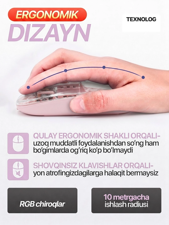 Simsiz kompyuter sichqonchachi, tovushsiz, RGB, Bluetooth