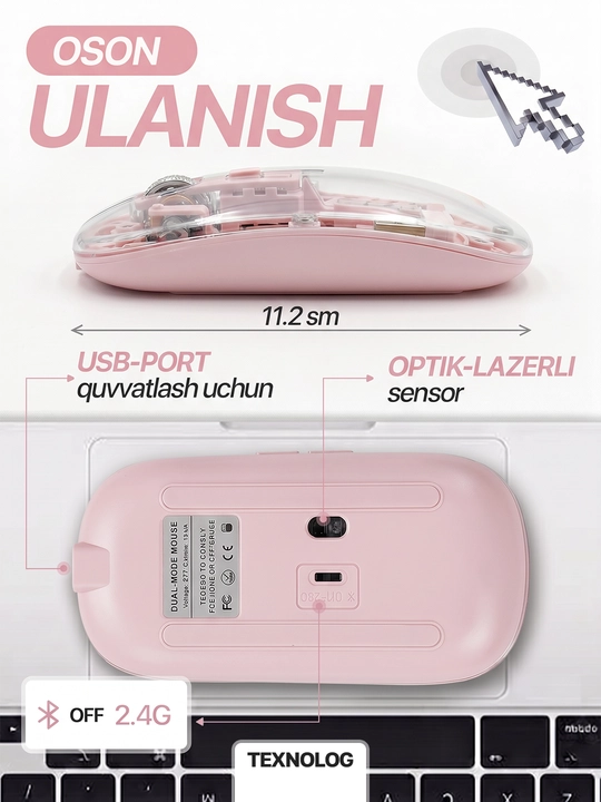 Simsiz kompyuter sichqonchachi, tovushsiz, RGB, Bluetooth