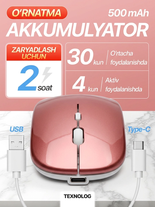 Simsiz kompyuter sichqonchachi, tovushsiz, RGB, Bluetooth