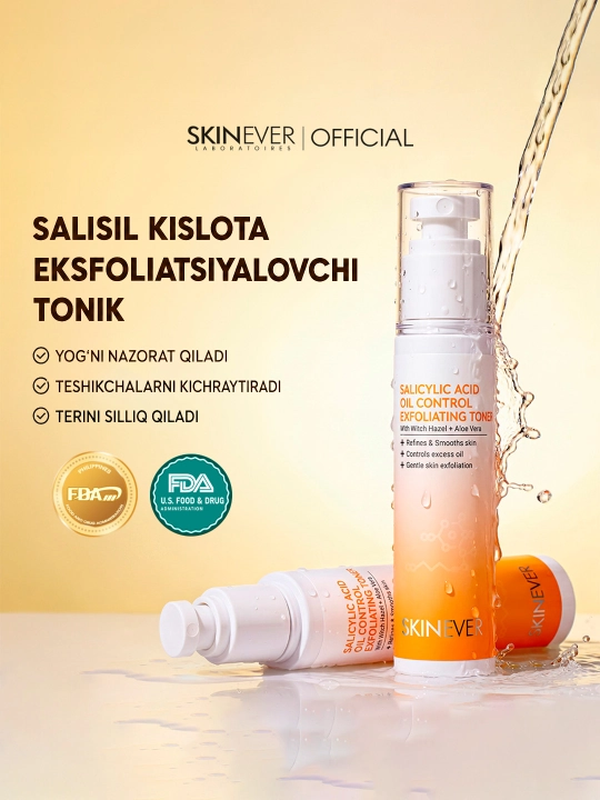 Akne va yog‘li yaltiroqlikka qarshi salitsil kislotasi qo‘shilgan SKINEVER yuz uchun po‘st tashlovchi tonik