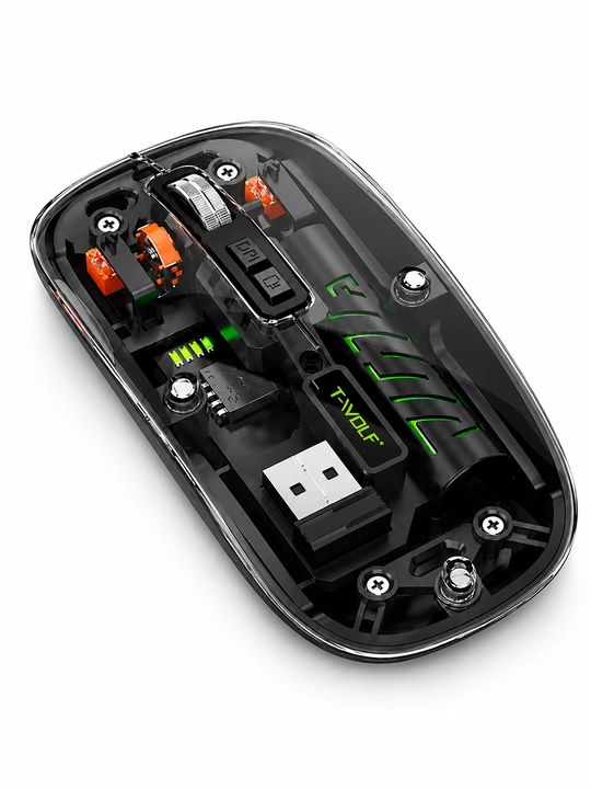 T-WOLF X11 simsiz o‘yin sichqonchasi, Bluetooth 5.0, 2.4 GHz, USB-C, shaffof korpusli