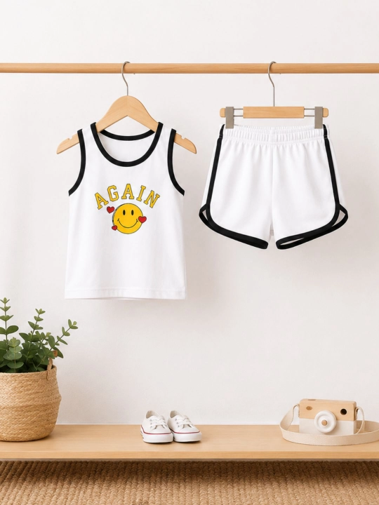 Qiz bolalar uchun yozgi outfit – smile print майka va shortik komplekti, moda sport kiyimi - 