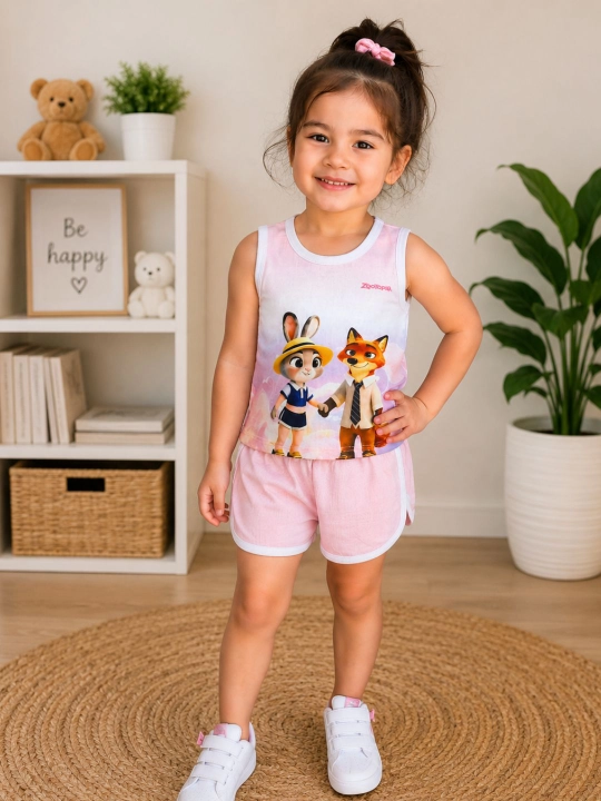Qiz bolalar uchun yozgi outfit – smile print майka va shortik komplekti, moda sport kiyimi - 