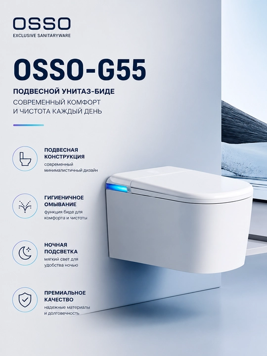 OSSO-G55 osma smart unitaz-bide, yoritish va yuvish funksiyasi bilan - 