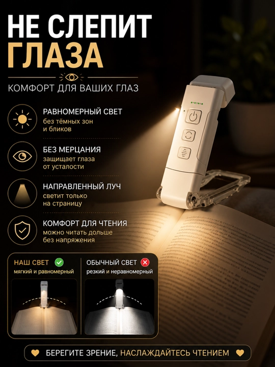 USB zaryadlovchi mini o‘qish chirog‘i, qisish funksiyasiga ega