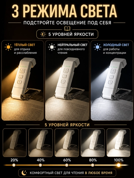 USB zaryadlovchi mini o‘qish chirog‘i, qisish funksiyasiga ega