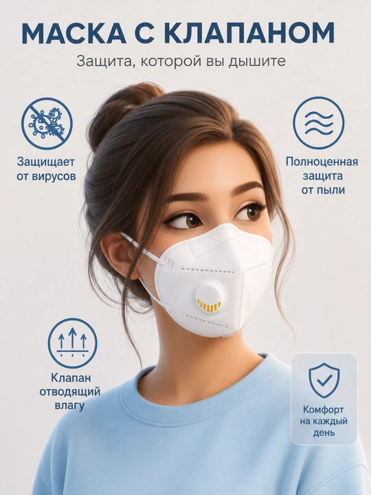 Niqob-respirator, koʻp martalik, klapanli, KN95, viruslardan himoya, 5 dona - 