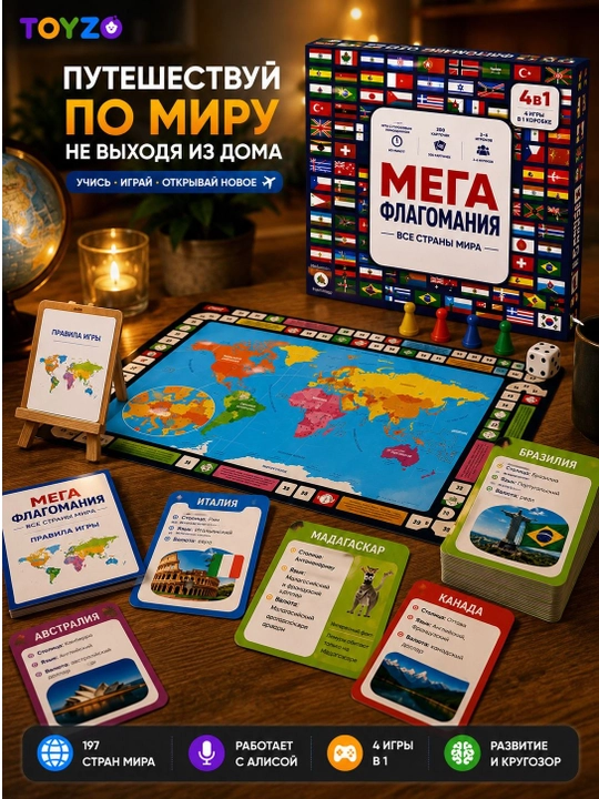 Настольная игра Мега Флагомания 4 в 1, 200 карточек, с Алисой, 6+