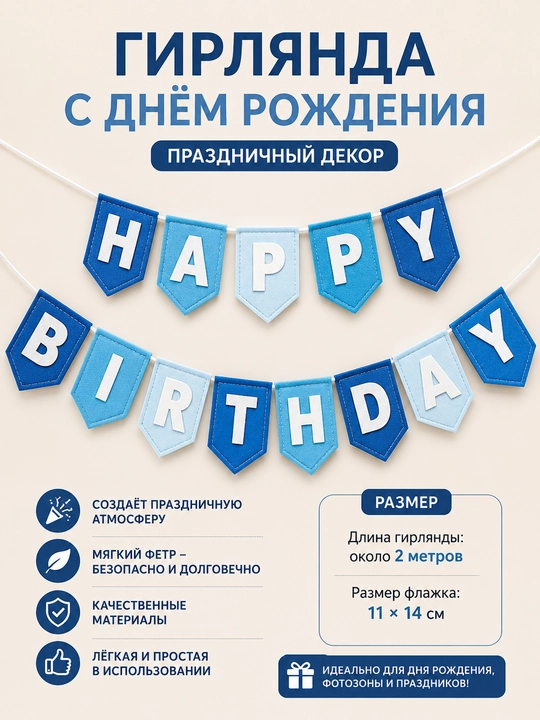 Гирлянда из фетра “Happy Birthday” — праздничный декор для дня рождения - 