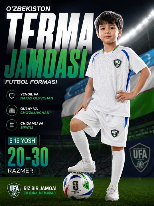 O‘zbekiston milliy terma jamoasi bolalar futbol formasi 2026 – Futbolka va shorti to'plami
