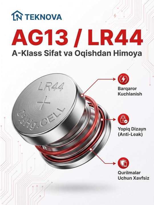 Алкалиновые батарейки дисковые Teknova LR44 AG13, 10 шт