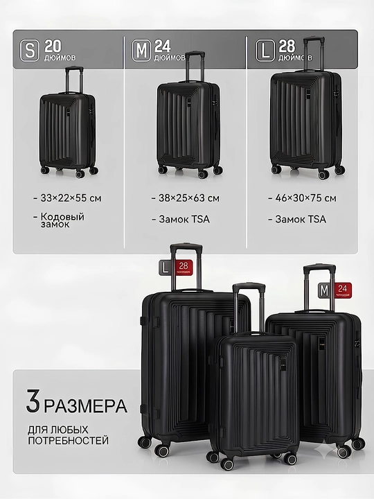 S, M, L, yo‘l chamadoni, kodli qulfli, ABS-plastikdan tayyorlangan, 360° g‘ildirakli