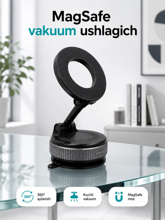Telefon uchun oq-qora magnitli vakuum derjatel, 360° aylanuvchi ushlagich - 