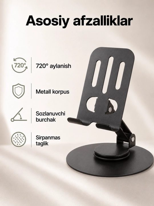 Smartfon va planshet uchun ko‘p funksiyali stol usti metall tagligi