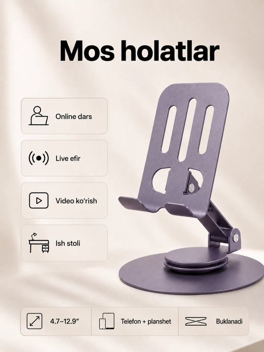 Smartfon va planshet uchun ko‘p funksiyali stol usti metall tagligi