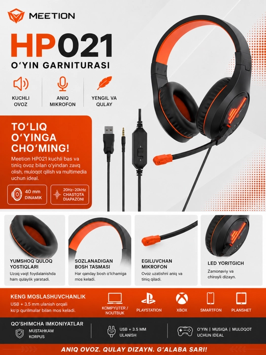 Meetion HP021 o‘yin garniturasi mikrofonli quloqchin