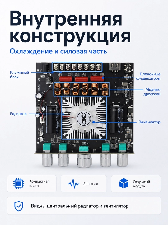 XY-S220H 2.1 kanalli kuchli bassli ovoz kuchaytirgichi, sabvuferli 160 W × 2 + 220 W