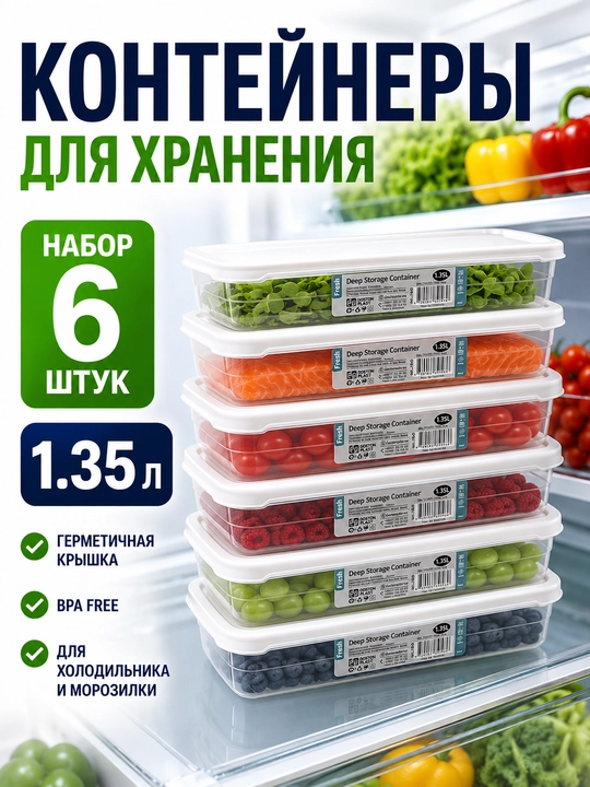 Plastik oziq-ovqat konteynerlari to‘plami, 6 dona, qopqoqli, to‘rtburchak, shaffof - 