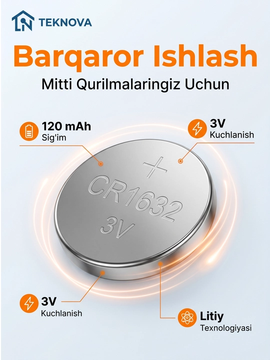 Batareya (CR1220, CR1620 CR2016 CR2025, CR2032, CR2450) 3V, 5 dona, Teknova litiy