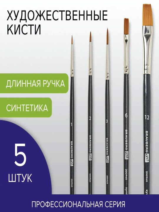 Badiiy mo‘yqalamlar to‘plami 5 dona sintetik BRAUBERG ART No 1-12, 200960 - 
