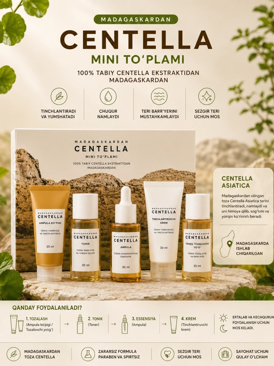 Madagaskardan Centella Travel Kit – Mini Teri Parvarishi To‘plami 5 Mahsulotli - 
