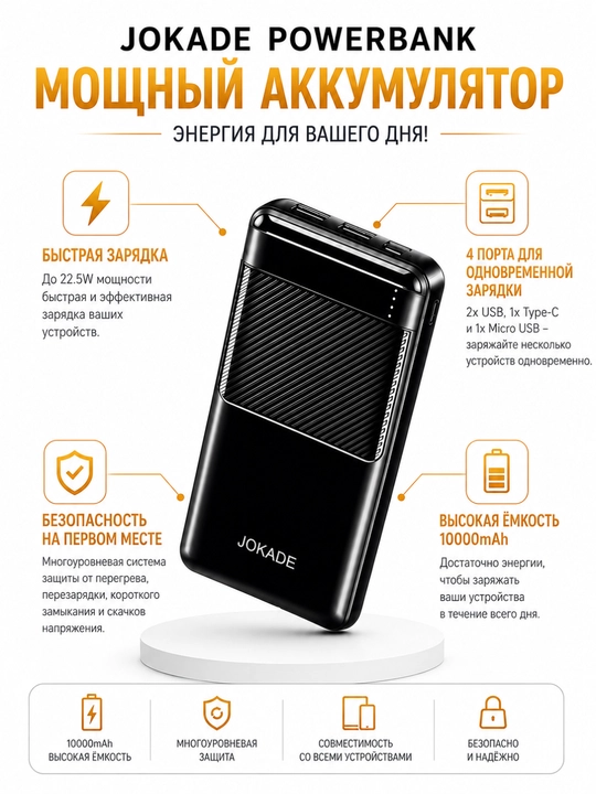 JOKADE powerbank 10000 mAh qora tashqi akkumulyator, power bank 10000