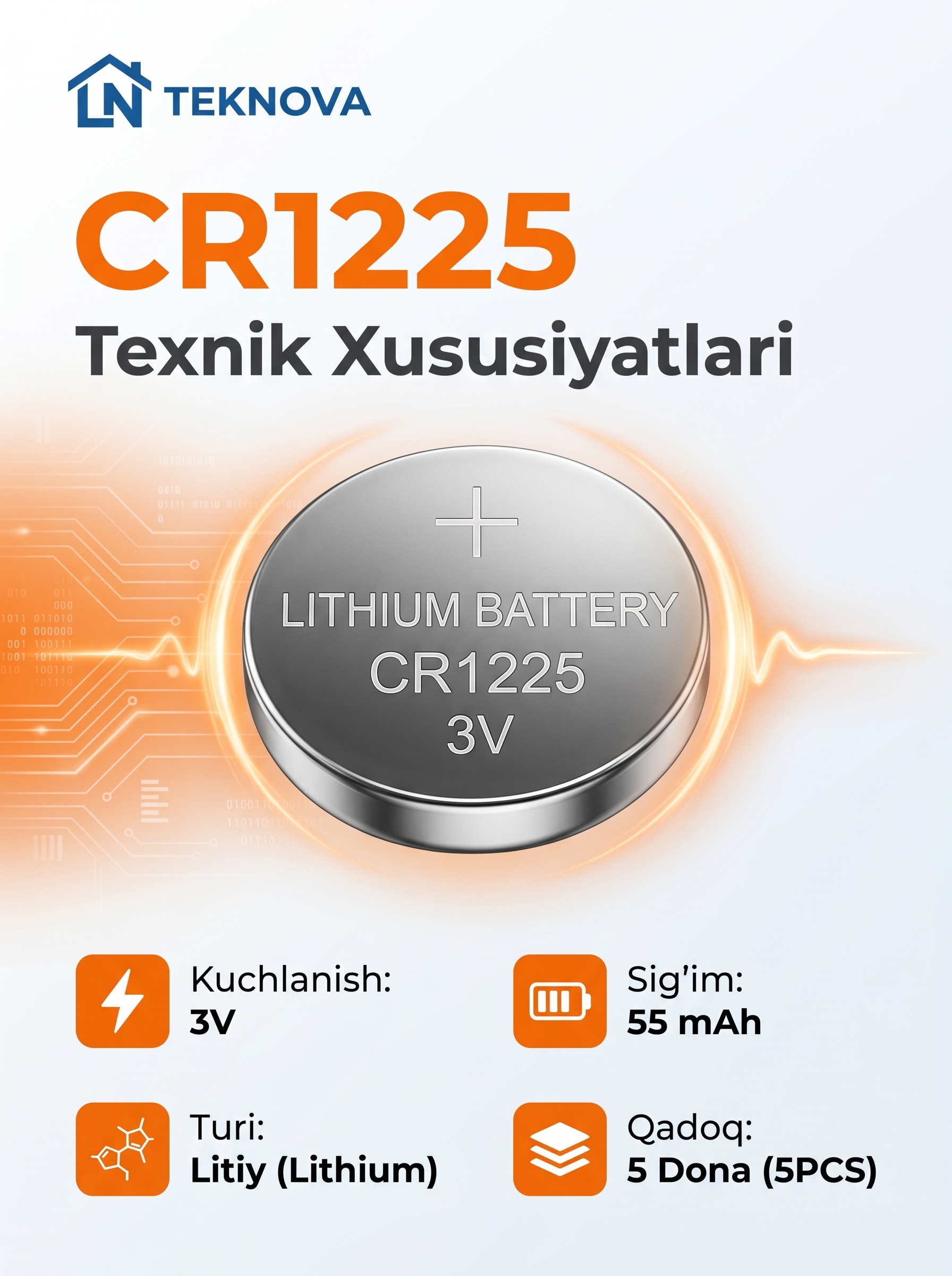 Batareya (CR1220, CR1620 CR2016 CR2025, CR2032, CR2450) 3V, 5 dona, Teknova litiy