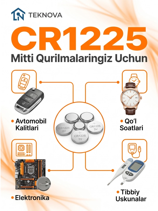 Batareya (CR1220, CR1620 CR2016 CR2025, CR2032, CR2450) 3V, 5 dona, Teknova litiy