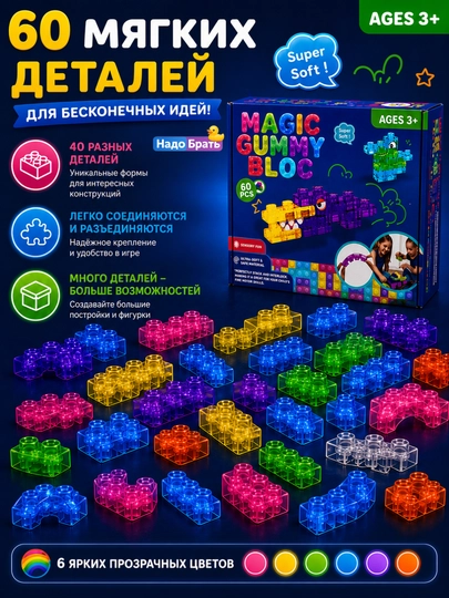 Мягкий конструктор Gummy Blocks 20 деталей гибкий развивающий конструктор для детей 3+ — NADOBRA-GUMMYBLOCKS2040-ИНДИГО