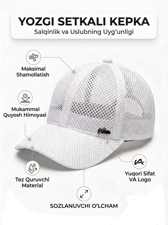 Oq kepka, erkaklar yozgi kepkasi, to‘g‘ri soyabonli kepka, oq kepkalar