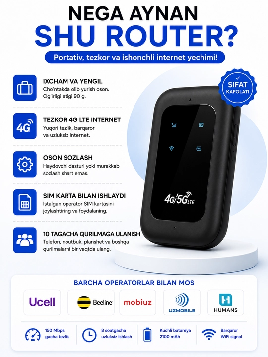Portativ WiFi 4G LTE,SIM kartali modem,mobil internet,10 qurilma uchun,cho'ntak router