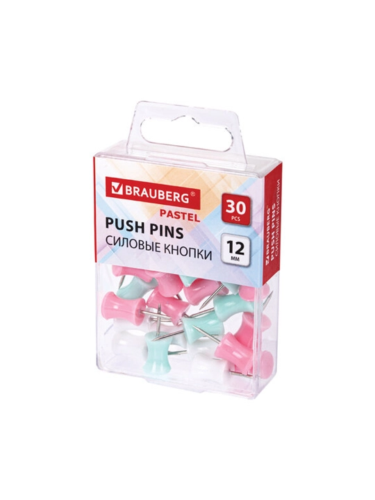 Силовые кнопки-гвоздики BRAUBERG PASTEL, пастельные цвета, 30 штук, 12 мм, 272756 - 