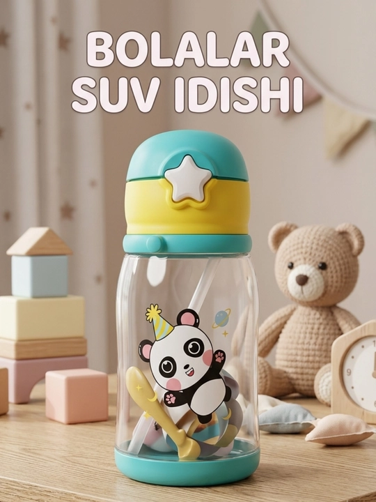 Bolalar uchun panda dizaynli, somonchali, qulay va xavfsiz suv ichish butilkasi - 