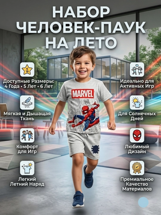 Детский комплект из 2 предметов с изображением человека-паука,  футболка и шорты