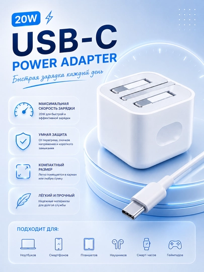 Тройной блок питания USB-C 20W для iPhone, складная вилка, быстрая зарядка